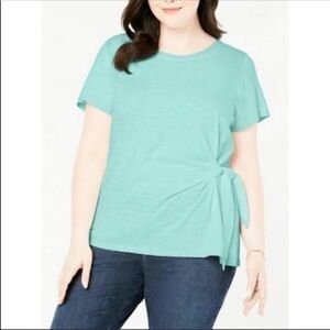 NEW Style & Co Plus Aqua Tee Shirt Top Side Tie Short Sleeves Teal Soft Jersey